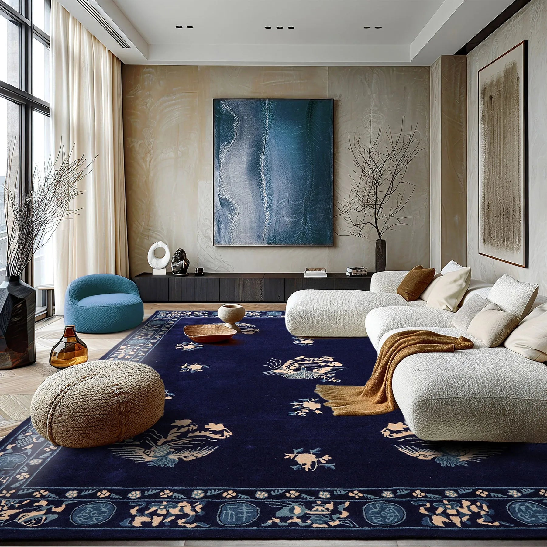 Multi Size Navy Hand Tufted Chinese Art Deco Pictorial Oriental