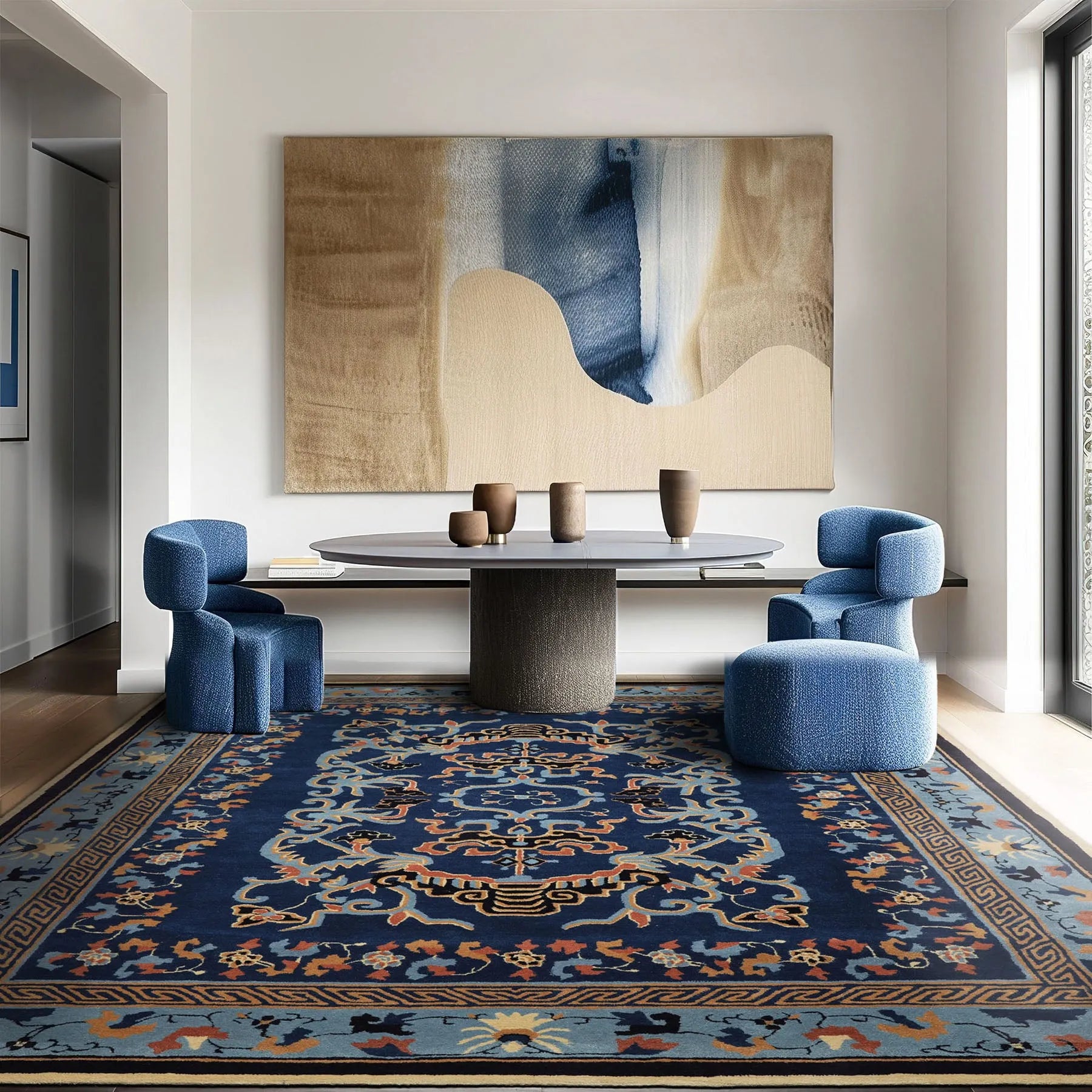 Multi Size Navy Hand Tufted Chinese Art Deco Patterned Oriental