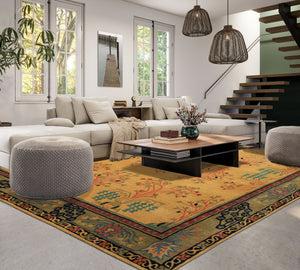 Multi Size Gold Pistacchio Raspberry Color Hand Tufted Donegal Wool Arts & Crafts Oriental Rug