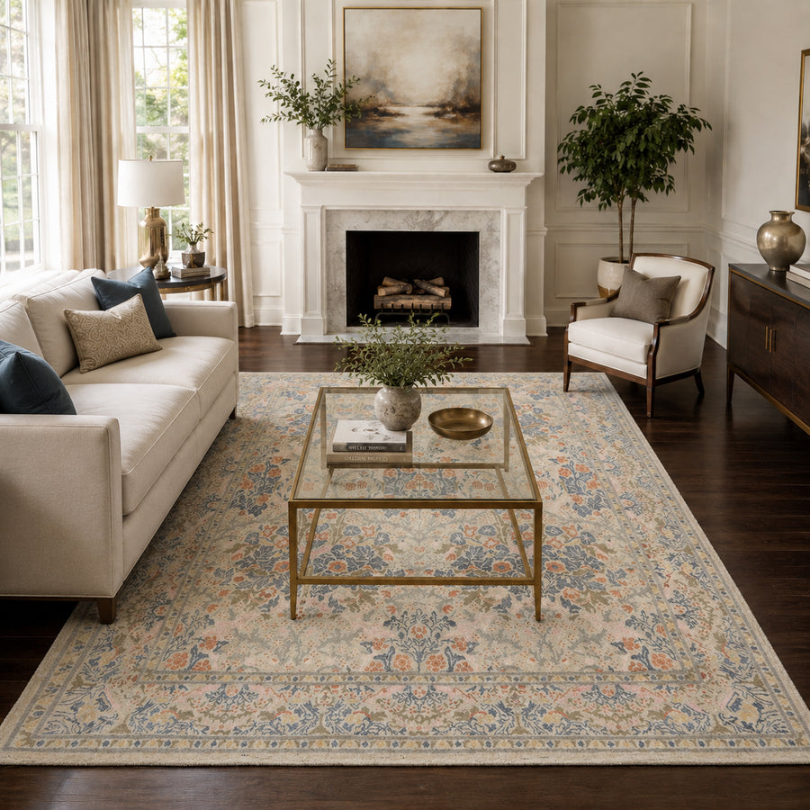 William Morris Floral Lattice Parchment & Cornflower Multi Size Hand Hooked High-twist Wool Traditional Rug