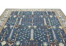 9x12 Blue, Ivory, Tan Color Hand Knotted Oushak Wool Transitional Oriental Rug