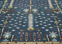 9x12 Blue, Ivory, Tan Color Hand Knotted Oushak Wool Transitional Oriental Rug