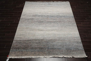 8'x10' Beige Hand Knotted Modern Geometric Tibetan Wool and Bamboo Silk Oriental Area Rug