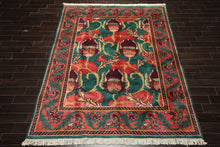 8x10 Teal-Green, Raspberry-Rose, Gold Color Hand Knotted Arts & Crafts Wool Eclectic Oriental Rug