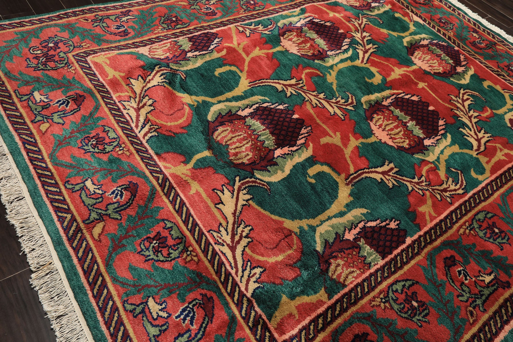 Teal And Raspberry Rug 7'9''x9'10'' Hand Knotted Wool Teal-Green Arts & Crafts Eclectic Boho ...