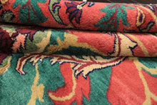 8x10 Teal-Green, Raspberry-Rose, Gold Color Hand Knotted Arts & Crafts Wool Eclectic Oriental Rug