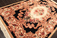 6x9 Ivory, Black, Brown Color Hand Knotted French Aubusson Savonnerie Wool Traditional Oriental Rug