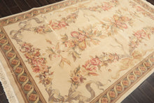6x9 Ivory, Brown, Taupe Color Hand Knotted French Aubusson Savonnerie Wool & Silk Traditional Oriental Rug