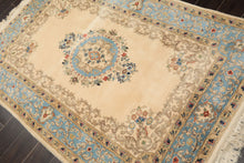 4x6 Ivory, Aqua, Tan Color Hand Knotted Indo Kerman Wool Traditional Oriental Rug