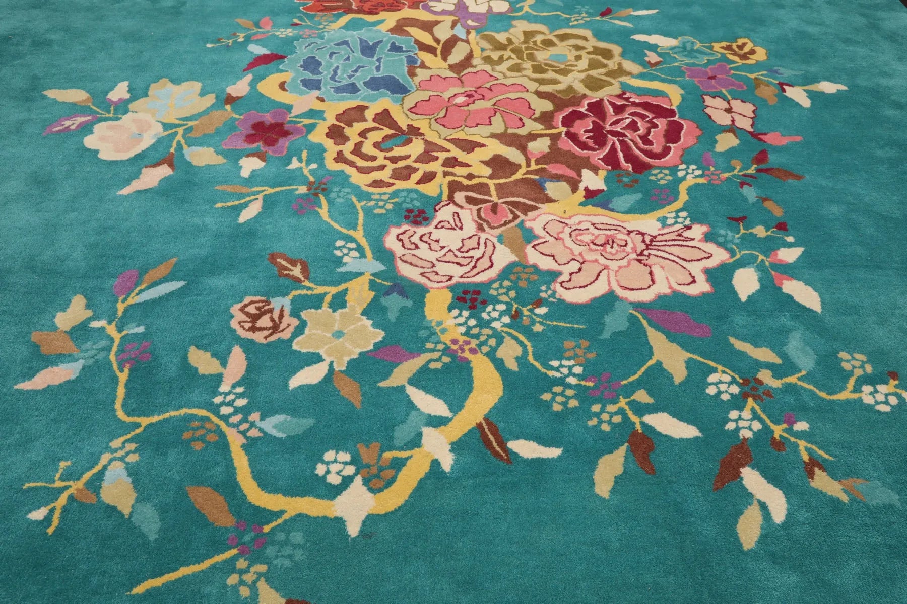 Asian Rugs Only Multi Size Turquoise Hand Tufted Chinese Art Deco Floral Oriental Area ...