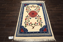 4x6 Ivory, Navy, Green Color Hand Knotted Tibetan Art Deco Wool Traditional Oriental Rug