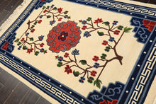 4x6 Ivory, Navy, Green Color Hand Knotted Tibetan Art Deco Wool Traditional Oriental Rug