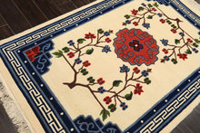 4x6 Ivory, Navy, Green Color Hand Knotted Tibetan Art Deco Wool Traditional Oriental Rug