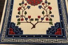4x6 Ivory, Navy, Green Color Hand Knotted Tibetan Art Deco Wool Traditional Oriental Rug