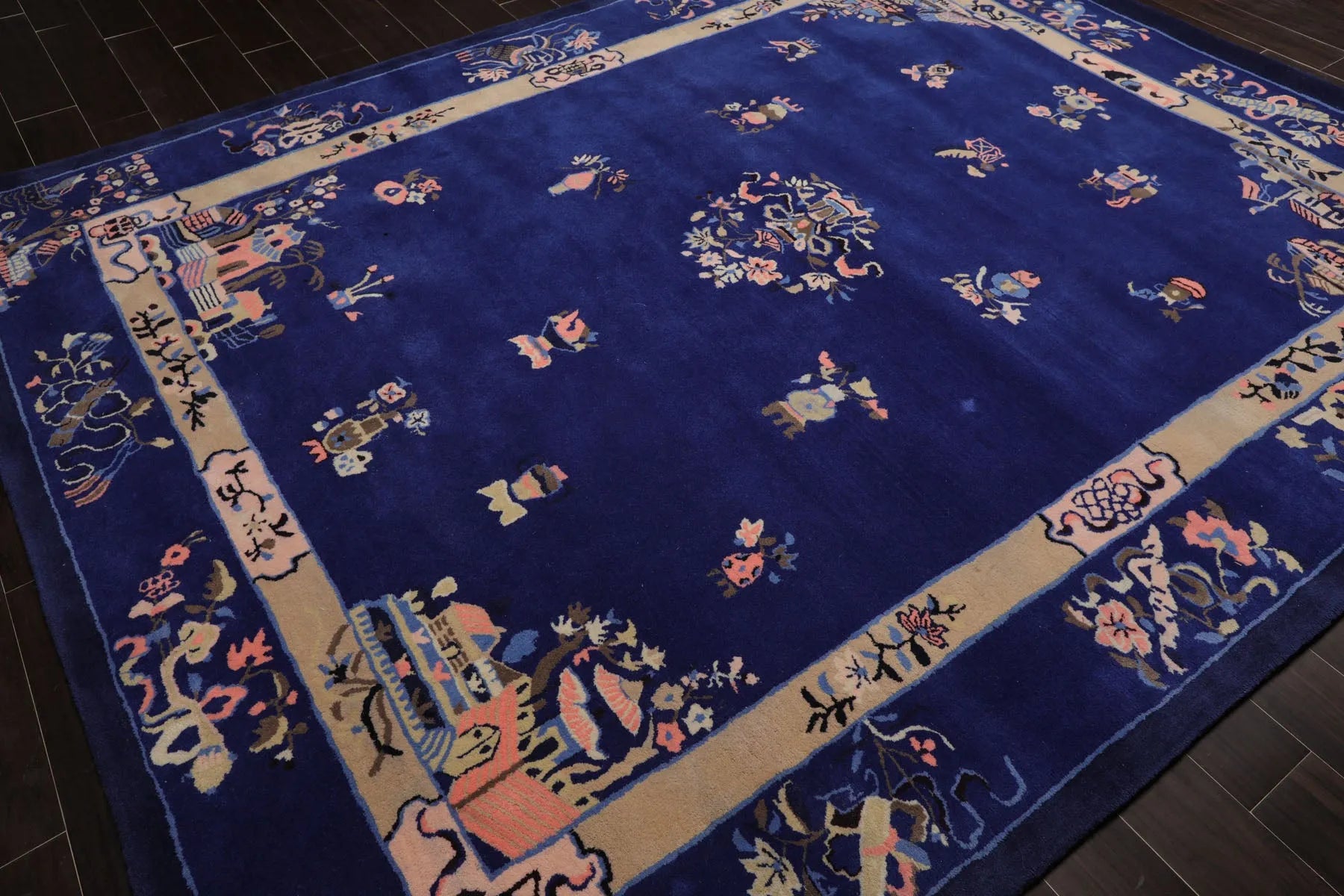 Multi Size Royal Blue Hand Tufted Chinese Art Deco Pictorial