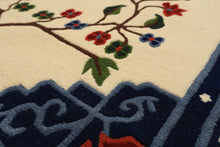 4x6 Ivory, Navy, Green Color Hand Knotted Tibetan Art Deco Wool Traditional Oriental Rug