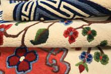 4x6 Ivory, Navy, Green Color Hand Knotted Tibetan Art Deco Wool Traditional Oriental Rug