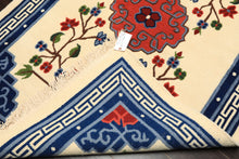 4x6 Ivory, Navy, Green Color Hand Knotted Tibetan Art Deco Wool Traditional Oriental Rug