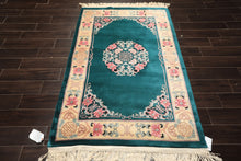 4x6 Emerald, Ivory, Pink Color Hand Knotted Chinese Art Deco Wool Traditional Oriental Rug
