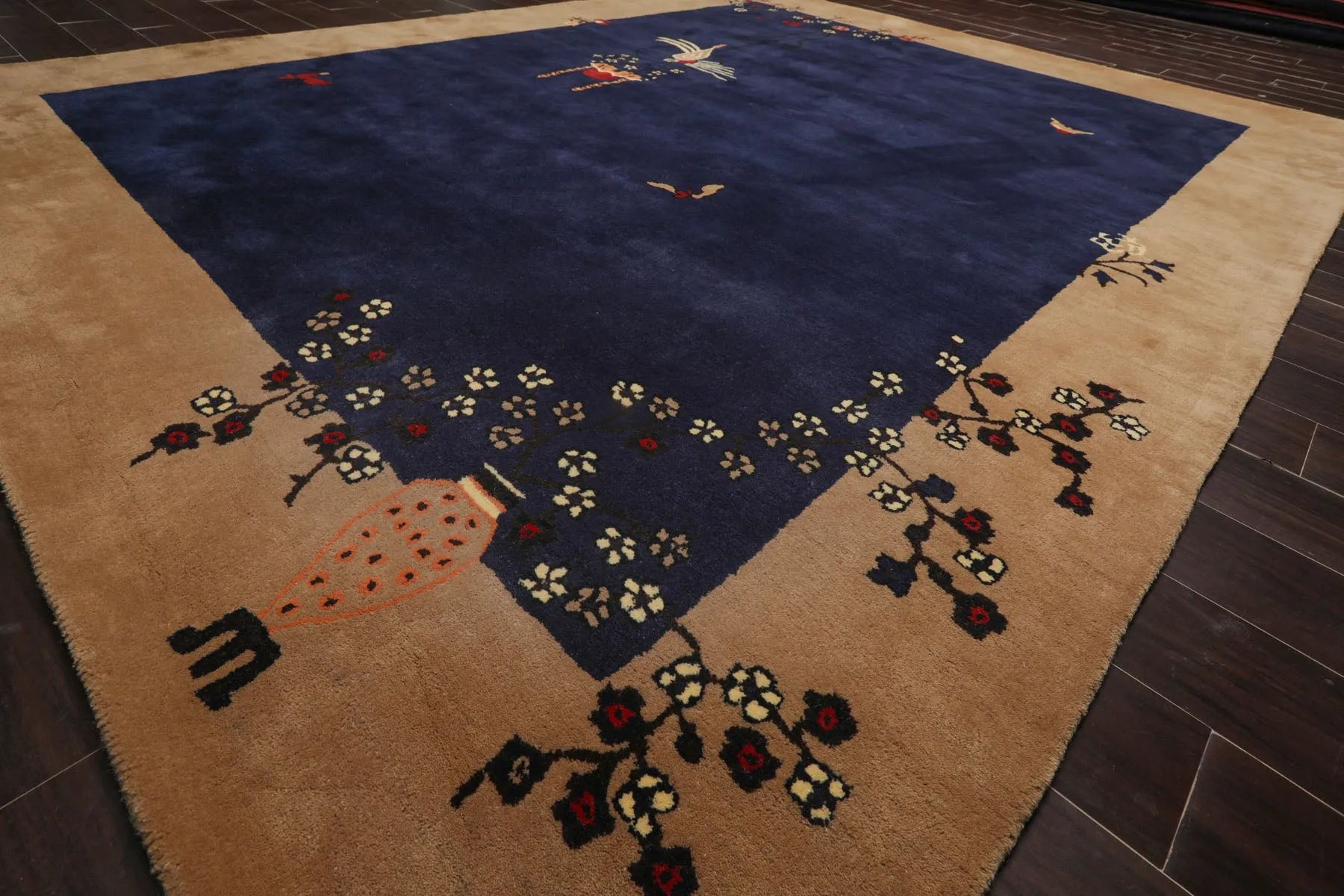Asian Rugs Only Multi Size Navy Hand Tufted Chinese Art Deco Vase Oriental Area Rug ...