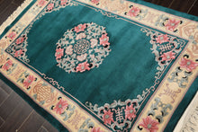 4x6 Emerald, Ivory, Pink Color Hand Knotted Chinese Art Deco Wool Traditional Oriental Rug