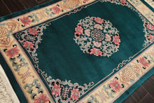 4x6 Emerald, Ivory, Pink Color Hand Knotted Chinese Art Deco Wool Traditional Oriental Rug