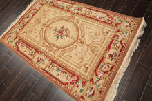 4x6 Beige, Brown, Rose Color Hand Knotted French Aubusson Savonnerie Wool Traditional Oriental Rug