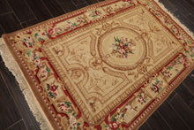 4x6 Beige, Brown, Rose Color Hand Knotted French Aubusson Savonnerie Wool Traditional Oriental Rug