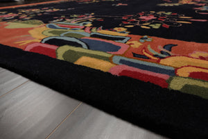 LoomBloom  Multi Sizes Black Hand Tufted Floral Chinese Art Deco New Zealand Wool Oriental Area Rug