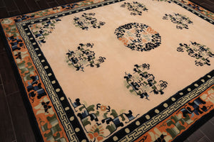 LoomBloom Multi Sizes Beige with Peach Undertone Hand Tufted Medallion Chinese Art Deco New Zealand Wool Oriental Area Rug