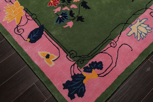 10x14 Green Bubblegum Pink Navy Color Hand Tufted Pictorial New Zealand Wool Transitional Oriental Rug