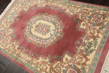 4x6 Plum, Ivory, Celadon Color Hand Knotted Indo Kerman New Zealand Wool Traditional Oriental Rug
