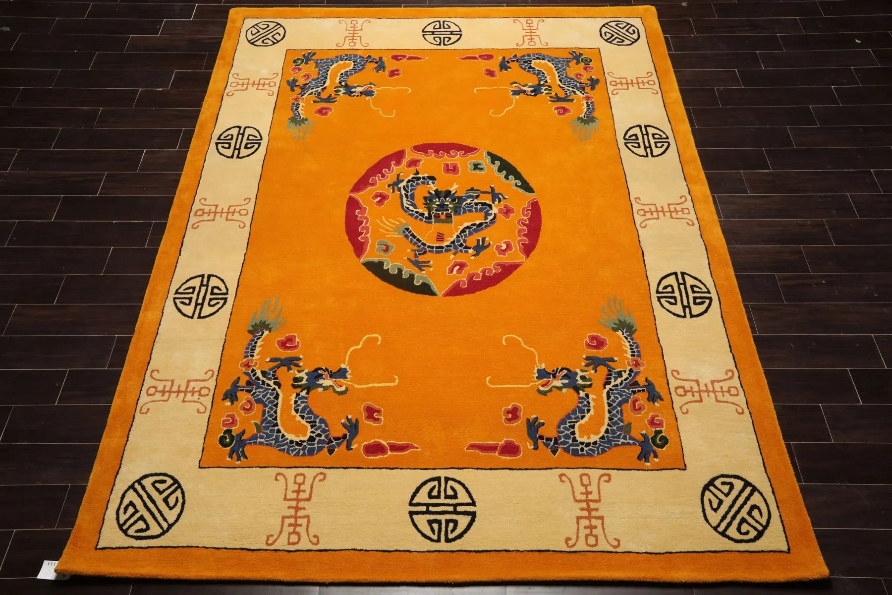 Multi Size Gold Hand Tufted Chinese Art Deco Medallion & Dragon
