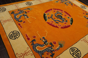 LoomBloom Multi Sizes Gold Hand Tufted Medallion & Dragon Chinese Art Deco New Zealand Wool Oriental Area Rug