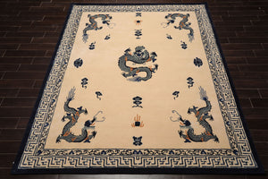 LoomBloom Multi Sizes Ivory Hand Tufted Dragon Chinese Art Deco New Zealand Wool Oriental Area Rug