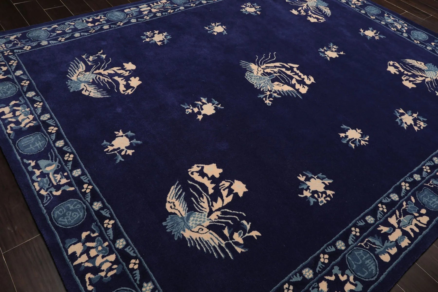 Multi Size Navy Hand Tufted Chinese Art Deco Pictorial Oriental