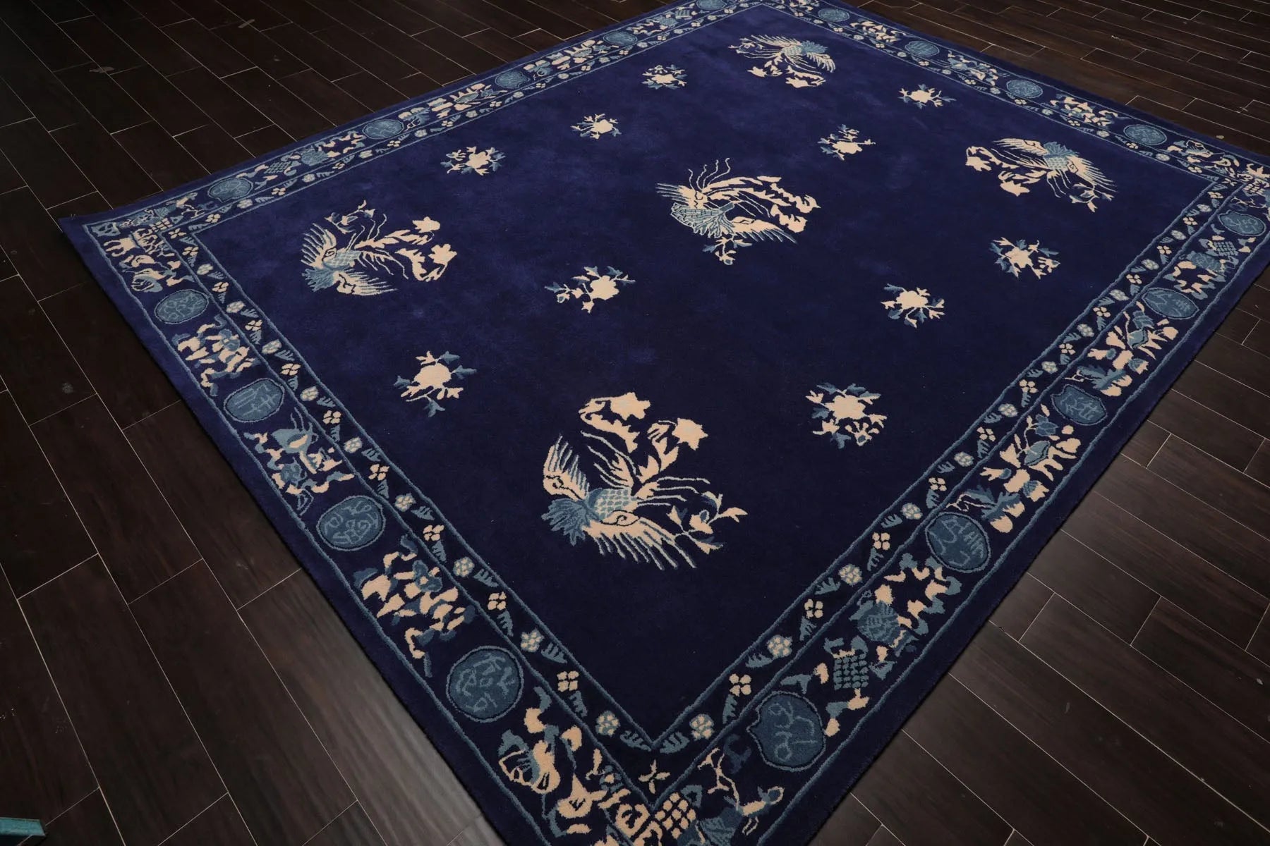 win hiroフラットヘッド　アラスカ　刺繍 リバーシブル　ネイビー Multi Size Navy Hand Tufted Chinese Art Deco Pictorial Oriental