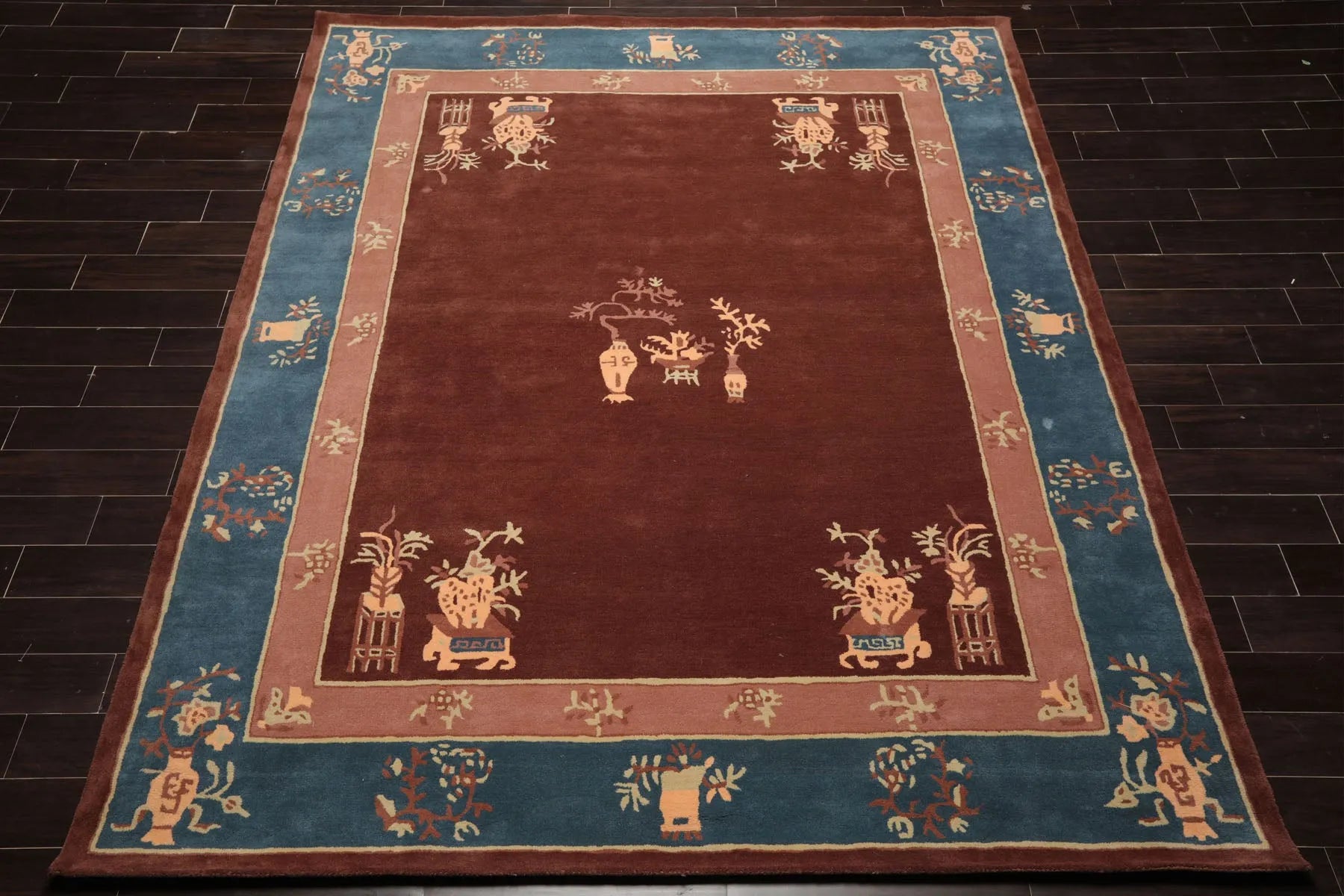 Asian Rugs Only Multi Size Brown Hand Tufted Chinese Art Deco Vase Oriental Area Rug ...