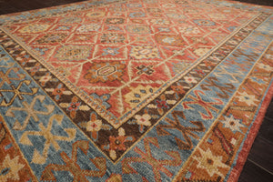 10x14 Burnt Orange Aqua Brown Color Hand Knotted Geometric Wool Transitional Oriental Rug