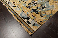 8x10 Light Gold, Aqua, Black Color Hand Knotted Oushak Wool Modern & Contemporary Oriental Rug