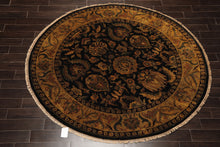 8' Round Black, Gold, Maroon Color Hand Knotted Agra Wool Traditional Oriental Rug