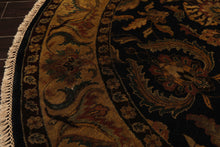 8' Round Black, Gold, Maroon Color Hand Knotted Agra Wool Traditional Oriental Rug