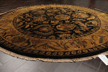 8' Round Black, Gold, Maroon Color Hand Knotted Agra Wool Traditional Oriental Rug