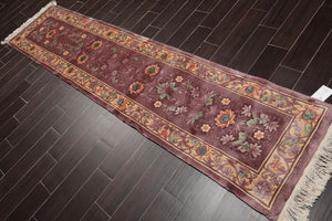 2'1''x10'  Runner Aubergine Hand-Knotted Traditional Thick Pile French Aubusson 100% Wool Oriental Area Rug