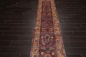 2'1''x10'  Runner Aubergine Hand-Knotted Traditional Thick Pile French Aubusson 100% Wool Oriental Area Rug