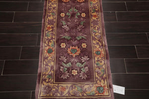 2'1''x10'  Runner Aubergine Hand-Knotted Traditional Thick Pile French Aubusson 100% Wool Oriental Area Rug