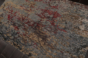 3x5 Gray, Blue, Coral Color Hand Knotted Tibetan Wool and Silk Modern & Contemporary Oriental Rug