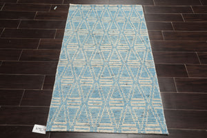 LoomBloom 3'x5' Blue Hand Knotted Afghan Moroccan Modern & Contemporary Tribal Wool Oriental Area Rug