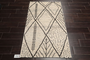 LoomBloom 3'x5' Ivory Hand Knotted Afghan Moroccan Modern & Contemporary Tribal Wool Oriental Area Rug