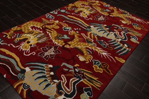 Multi Size Red Gold Teal Color Hand Tufted Pictorial Wool Transitional Oriental Rug